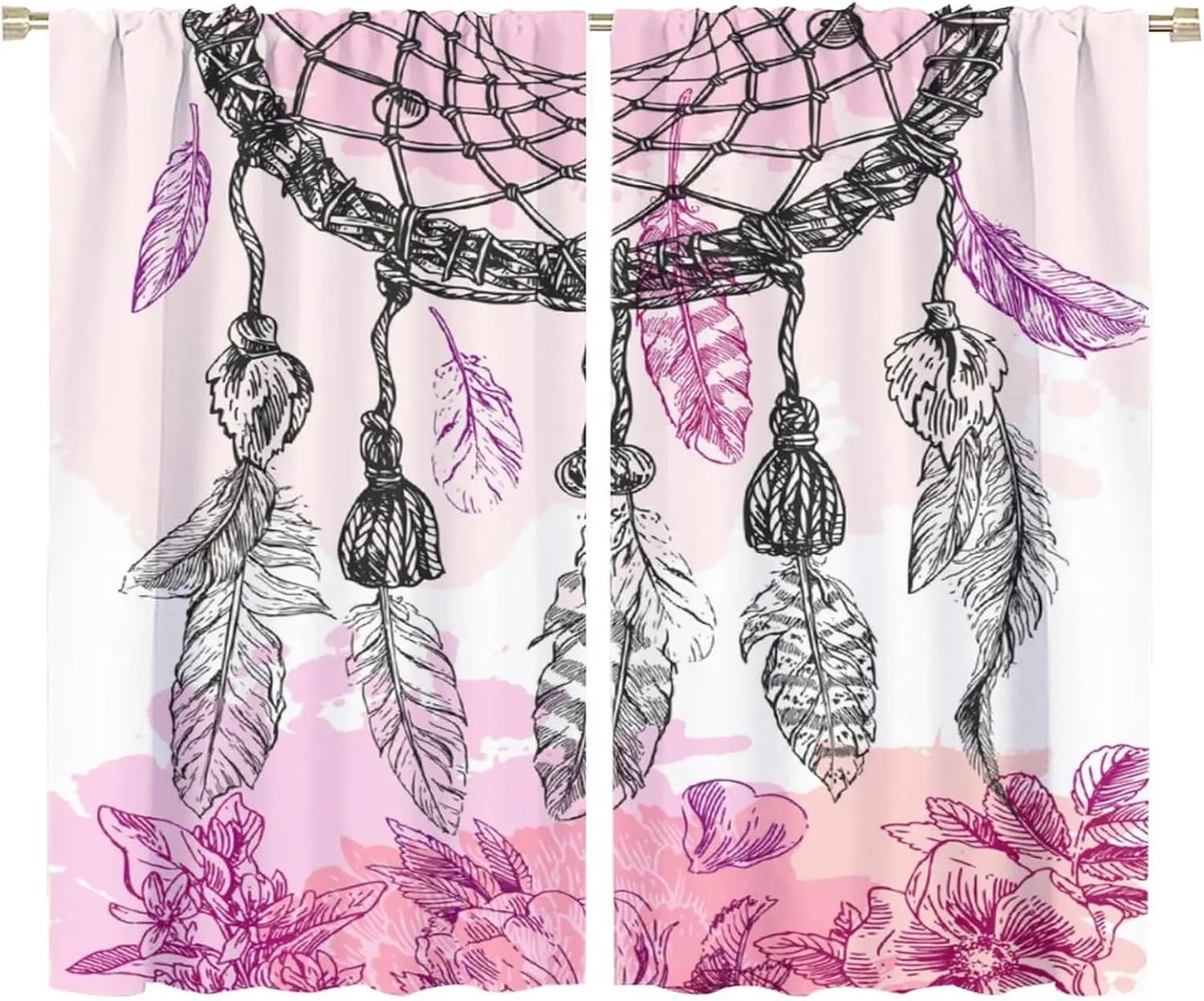 Floral Dreamcatcher Curtains Graffiti Dream Catcher Black Pink Modern Simple Designs Art Printed Window Drapes Girls Bedroom