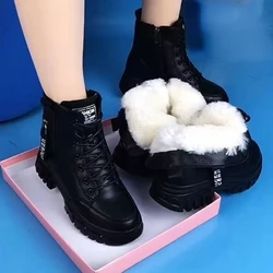 2024 Winter Warm Fur Boots Casual Autumn High Heels Zipper Shoes Warm Wool Platform Boots for Women Black Female Botas