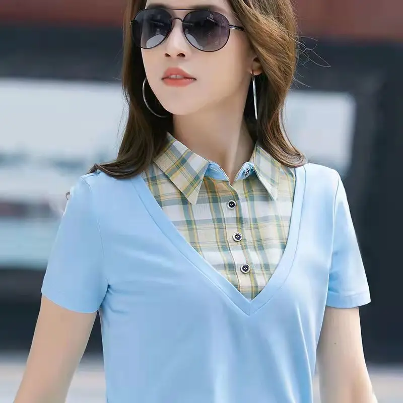 

Summer Short Fake Two-piece Polo Collar Tops Women's Slim Short-sleeved T-shirt Enterprise Collar Shirt Polos Para Mujer