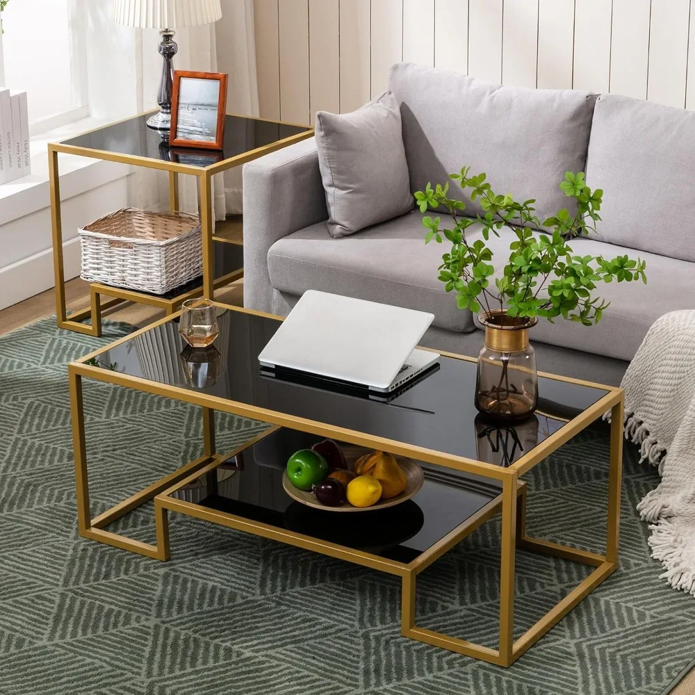 Simple Modern Glass 3-Piece Table Set, Includes Coffee Table and 2 End Tables, Brass