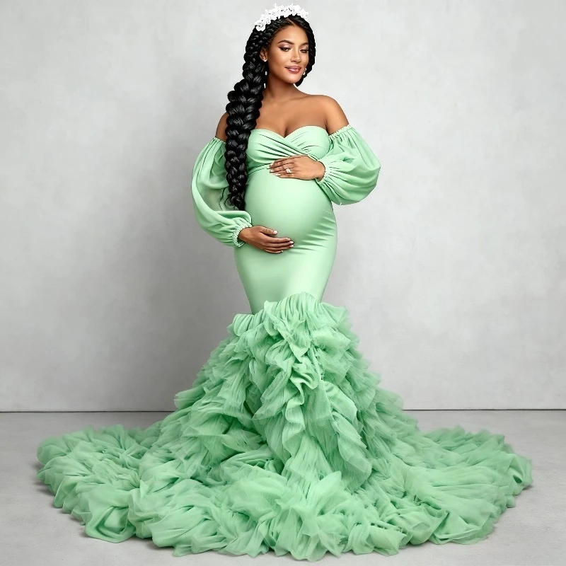 فستان حورية البحر للحمل - فستان من التول المطاطي بحاشية واسعة مع تعريف الخصر - فساتين تصوير للأمهات فيستدو ماتمينيداد #4