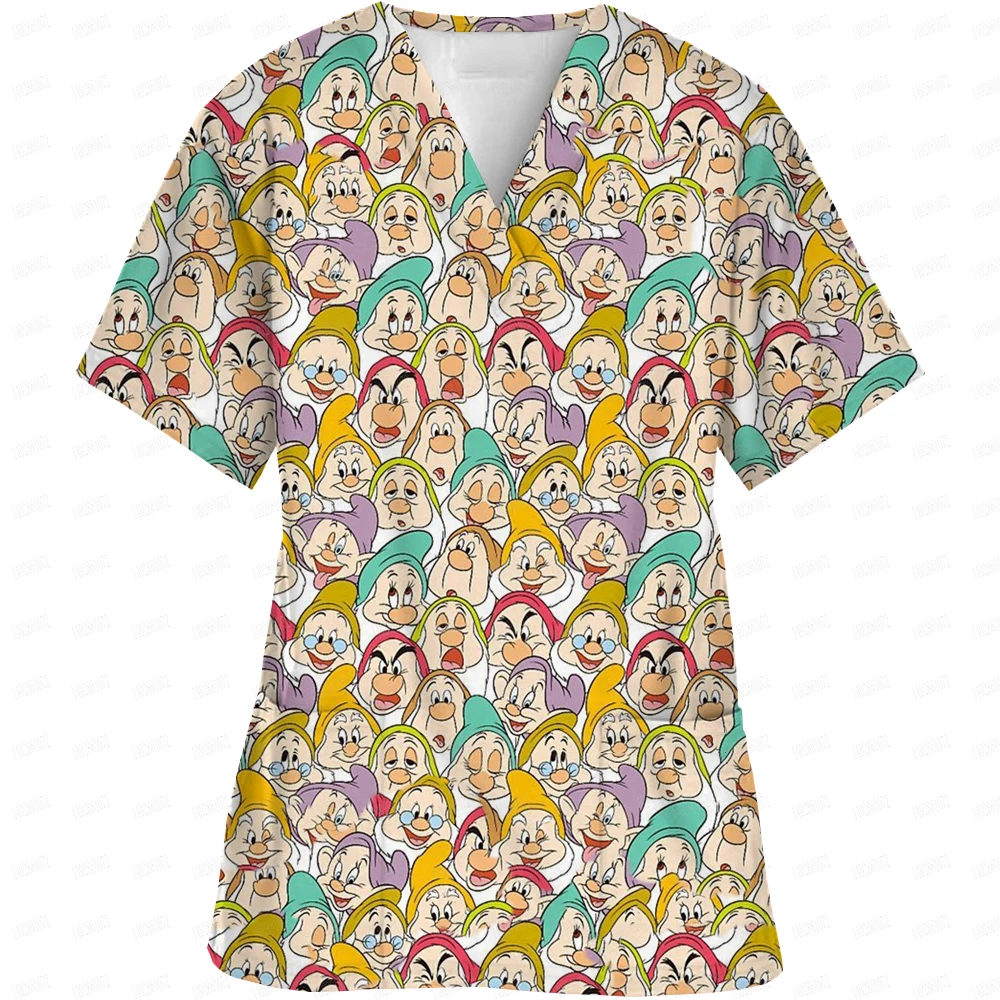 Disney Princess Print nurse uniform dental clinic V-neck surgical gown Snow White pet hospital work clothes women\'s short-sleeve