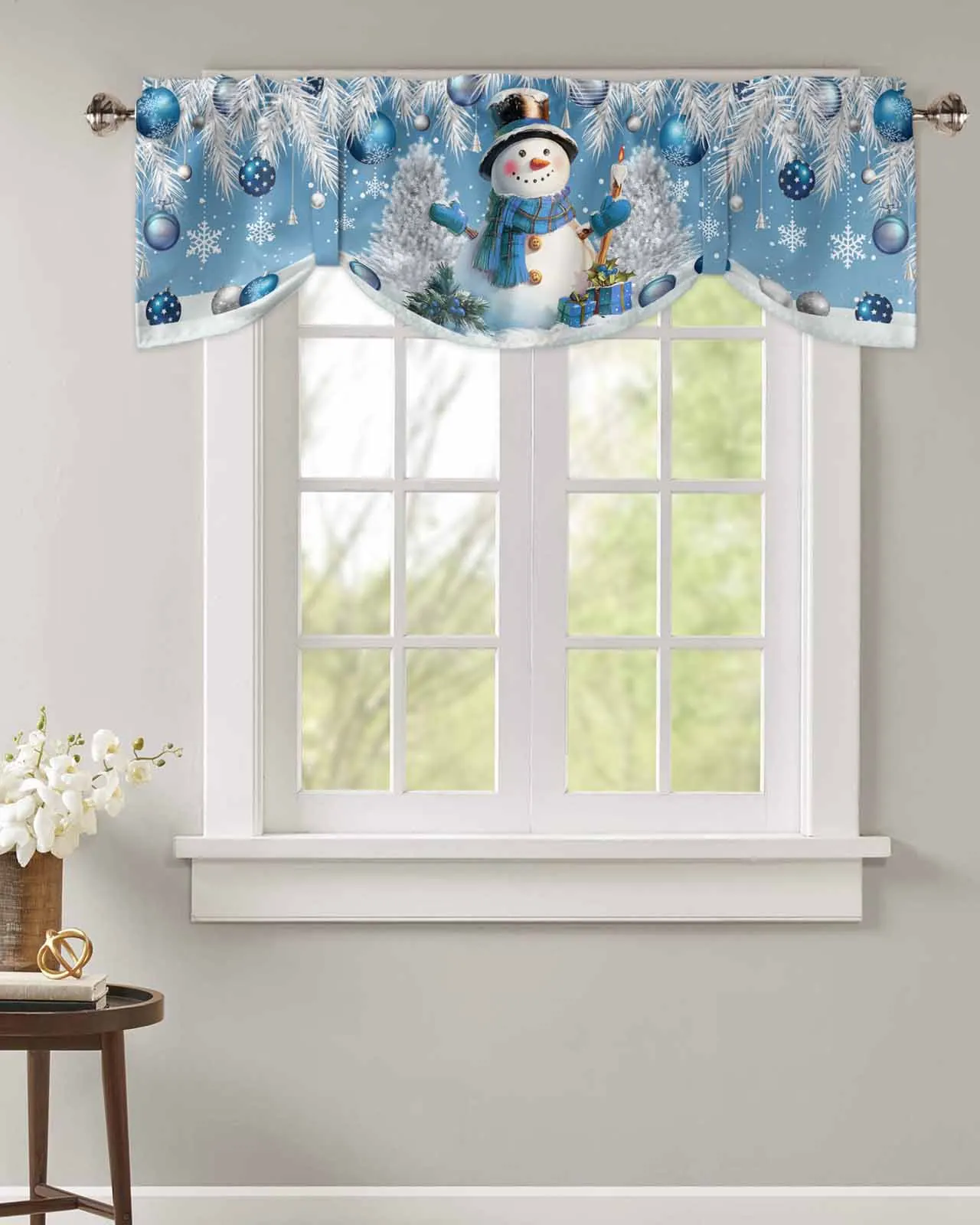 Christmas Snowman Pine Leaves Christmas Ball Bule Short Window Curtain Kitchen Cafe Cabinet Tie up Drapes Bedroom Home Decor