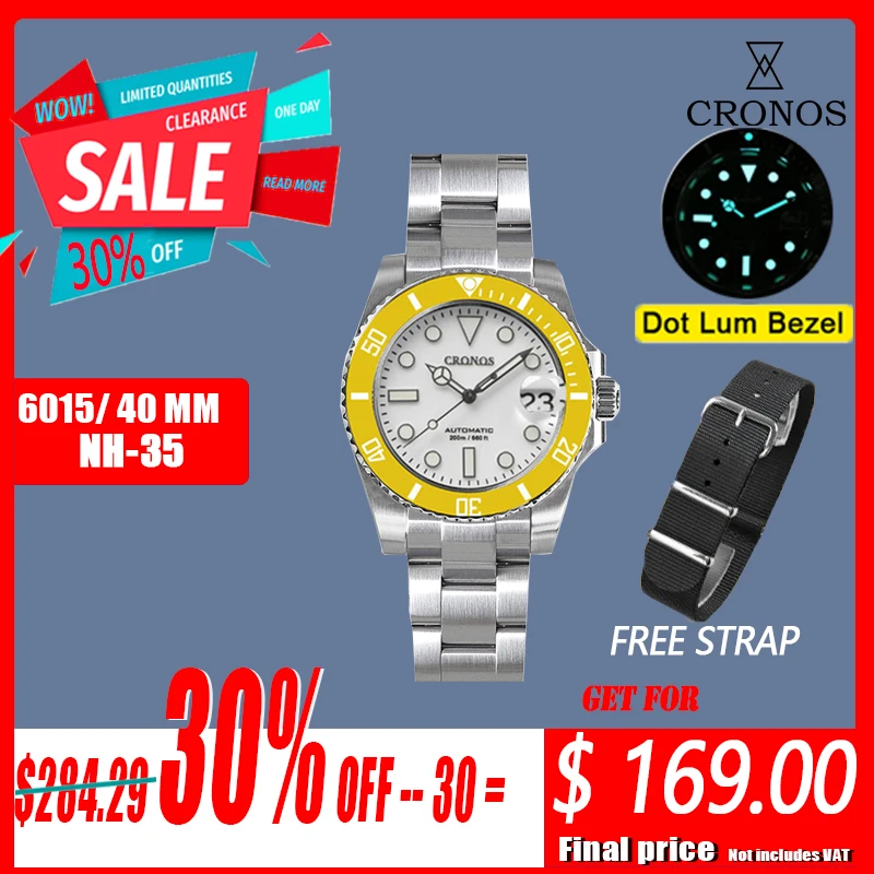 

Cronos Diver Men's watches Panda Black & White Date NH35 Ceramic Rotating Bezel 200 meters Water Resistant Glide Clasp Man Watch