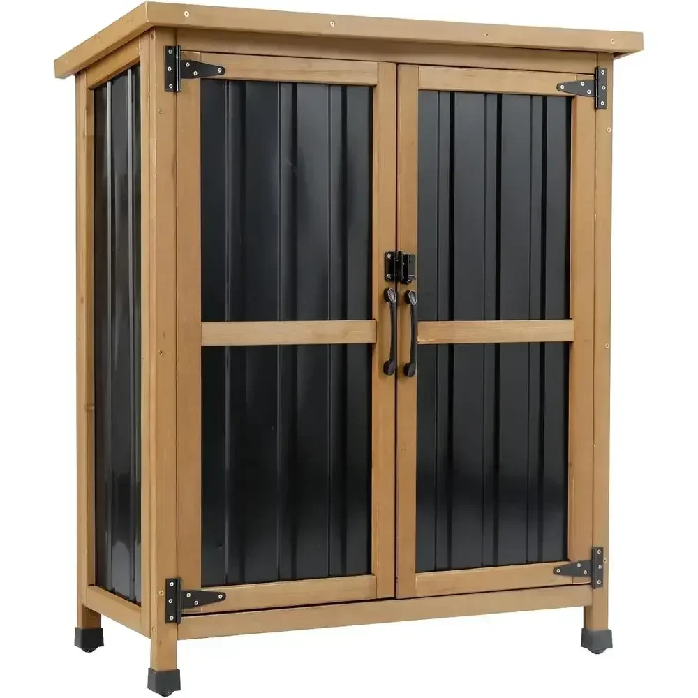 Weatherproof Wood and Metal Outdoor Storage Cabinet with Lockable Double Doors and Removable Shelves for Garden Tools