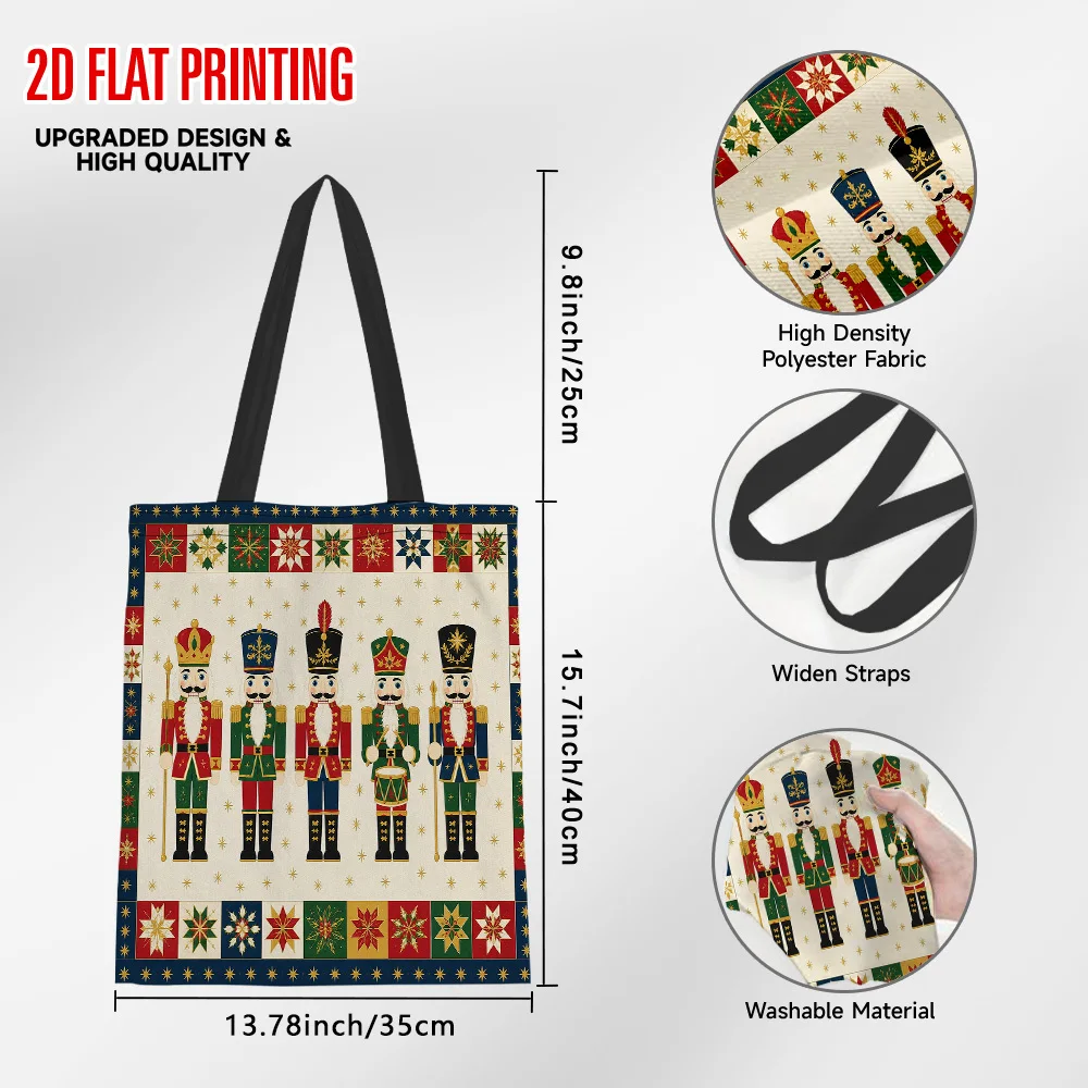 Vintage Patchwork Nutcracker Canvas Tote Bag Christmas Soldier Print Handbag Reusable Shopping Bag Large Capacity Shoulder Bag