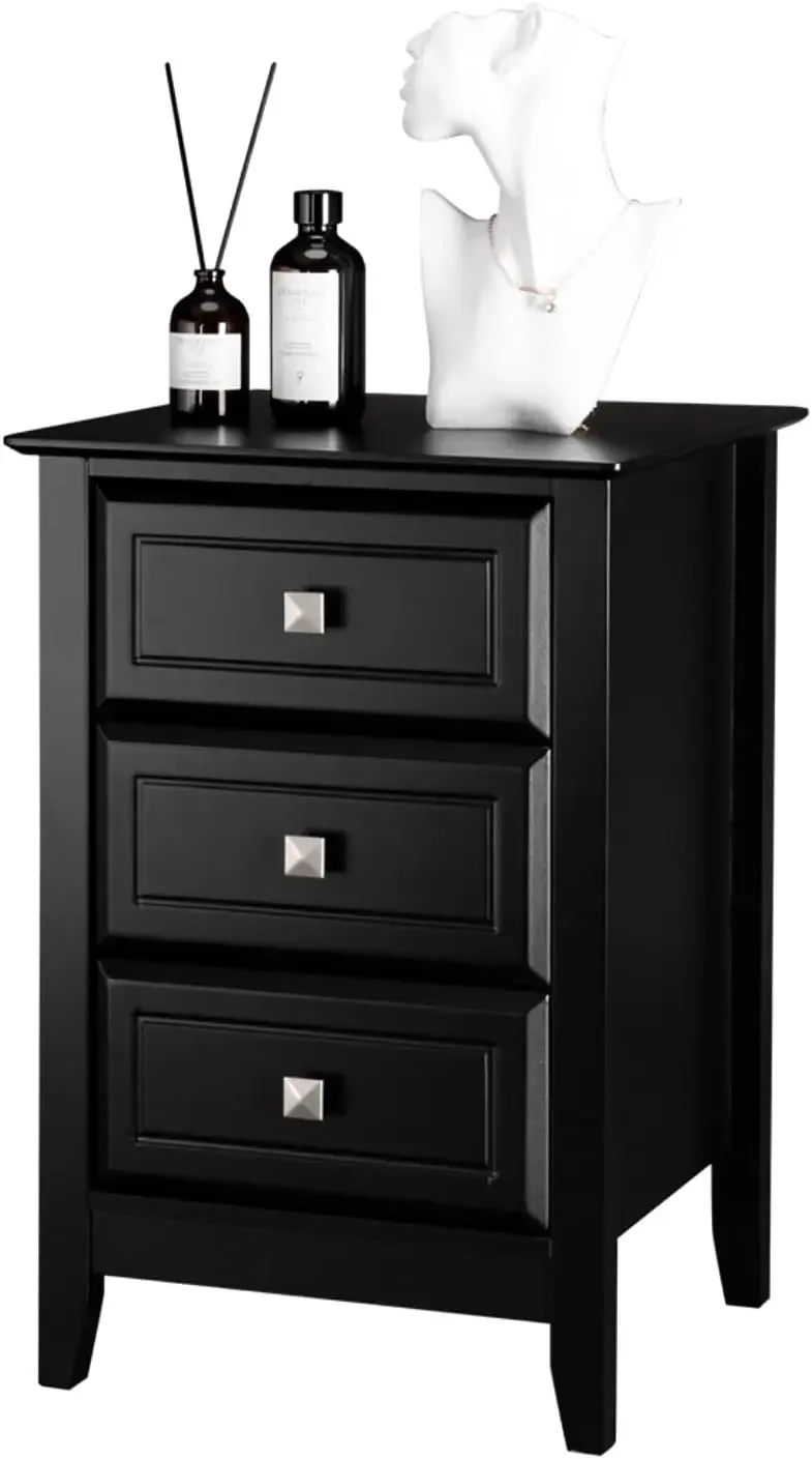 Upgraded Black Nightstand with Drawers, Night Stands for Bedrooms, Modern Bed Side Table/Night Stand with Metal Knobs for