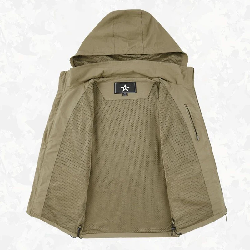 Spring New Outdoor Hooded Fishing Vest Mens Solid Breathable Multi-Pocket High Quality Vest Coat Detachable Hat Sports Vest Male