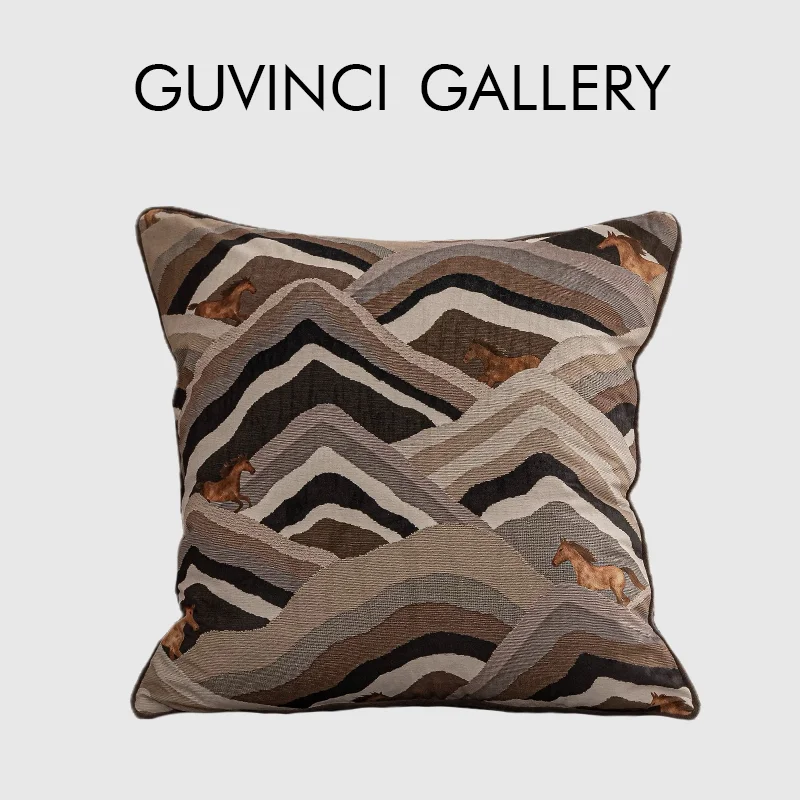 GUVINCI Modern Medieval Mountain And Horse Embroidered Pillow Case Uptown Luxury Equestrian Cushion Cover For Sofa Couch Bedroom