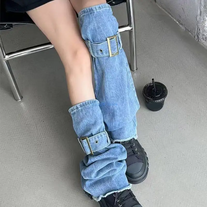 P8DB Women Punk Leg Warmer with Buckled Harajuku Washed Jeans Blue Leg Sleeve Socks