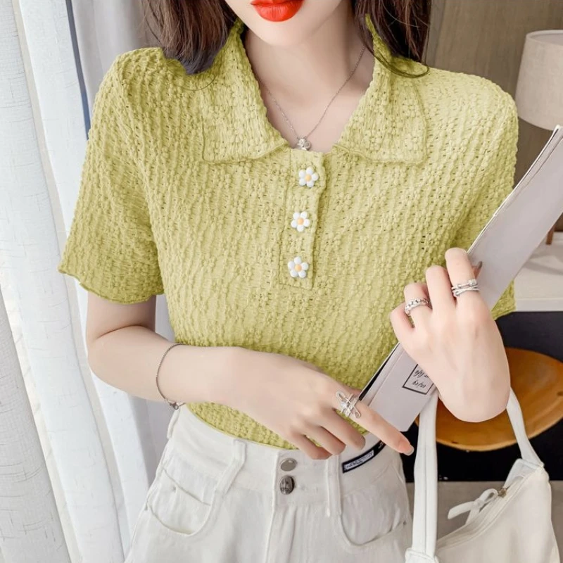 Floral Crochet Hollow Out Lace Shirt Women Summer Short Sleeve Top Loose Fit Slimming Polo Collar Blouse New Arrival