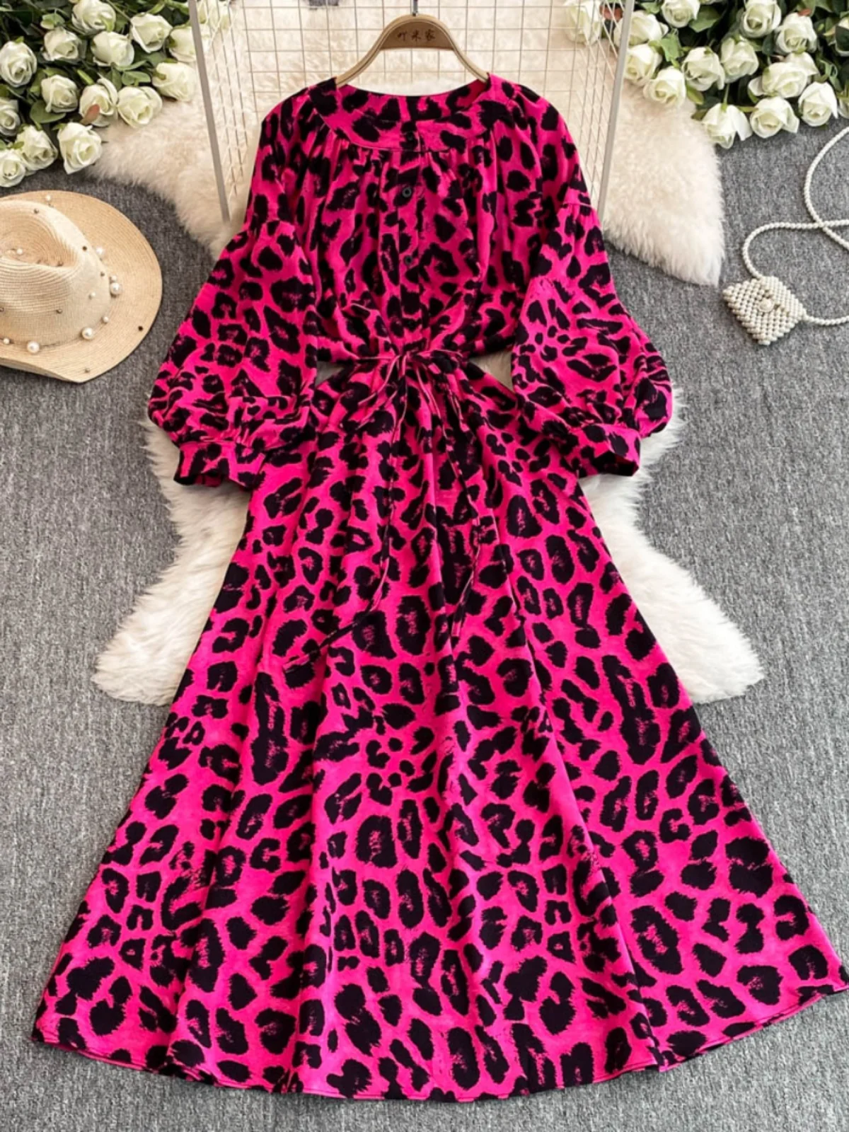 Faionable ronde Ne Lantern Sve Dr losse taille cinched hoge taille print A-lijn rok Koreaanse Sle herfstkleding voor Yo...