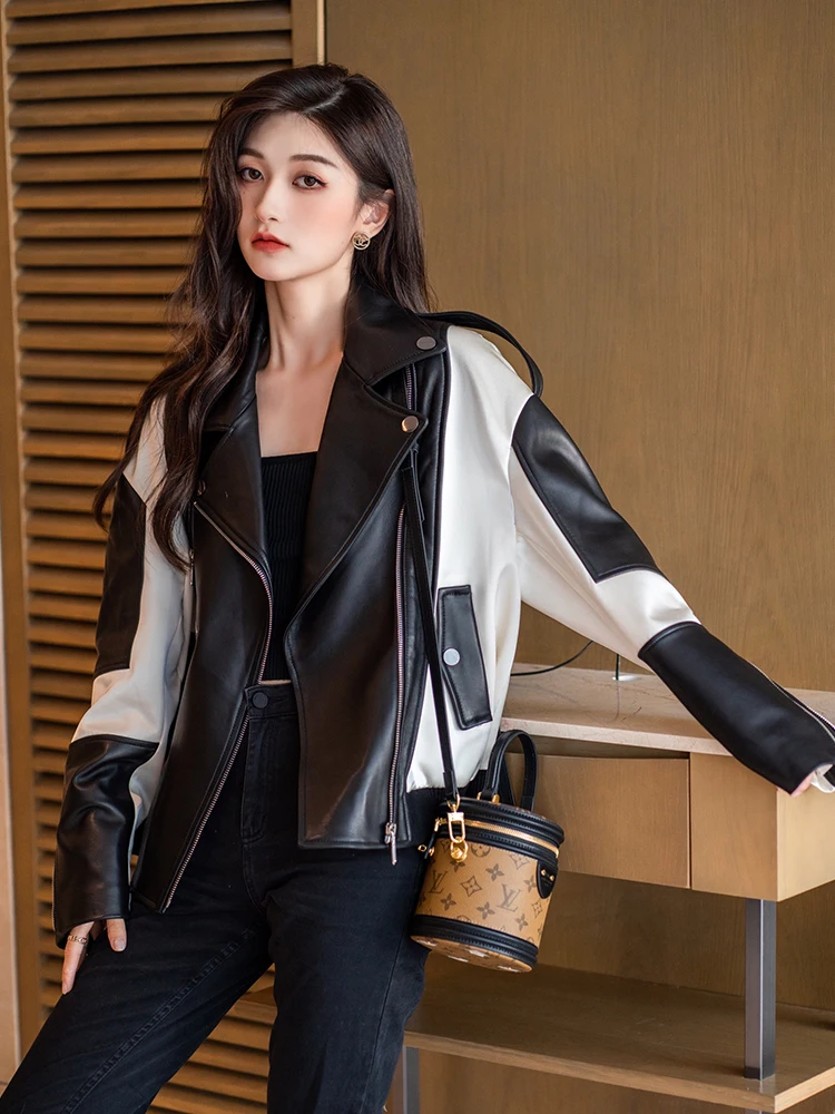 ผู้หญิงฤดูหนาว Sheepskin Coat สีเขียวสีดําสีขาว Splicing เสื้อแจ็คเก็ตหนังฤดูใบไม้ร่วงหลวมหัวรถจักรผู้หญิงเสื้อแจ็คเก็ต
