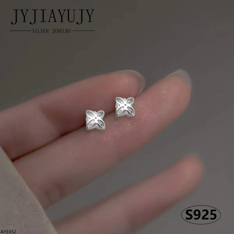 

JYJIAYUJY 100% Sterling Silver S925 Stud Earrings White Zircon Four-leaf Clover Shape Trendy Hypoallergenic Daily Jewelry AYE452