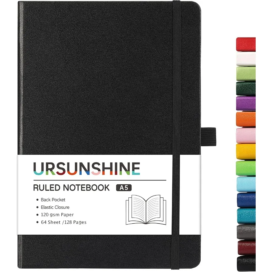 دفتر ملاحظات مسطر Jourl دفتر ملاحظات كلاسيكي مبطن مقاس 5.3 بوصة × 8.26 بوصة غلاف فني مع نطاقات ورقية سميكة + حامل قلم + وعاء داخلي أسود