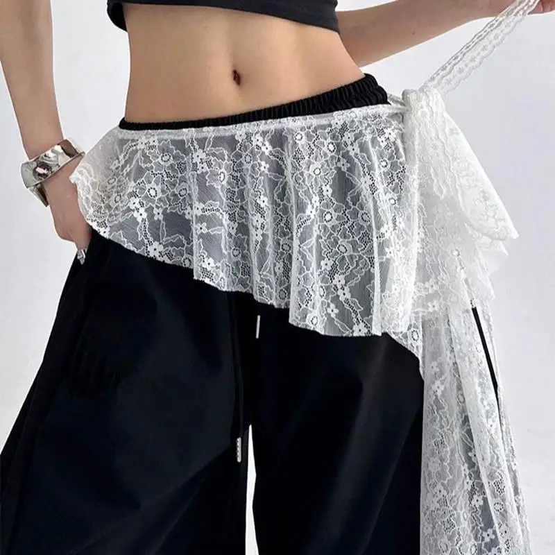 Embroidered Flower Butt Curtain Skirt High Waist Ruffles Trim Lace Trim Butt Curtain Ruched Irregular Hem Mini Apron Layering