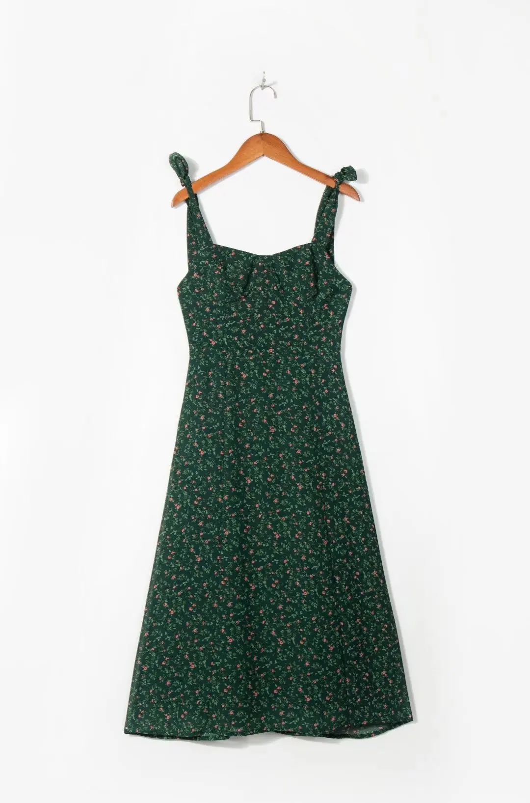 

V-Neck Floral Print Slimming Strap Dress Tie Waist Summer Street Style High Waist Zipper Closure Sleeveless Green Color