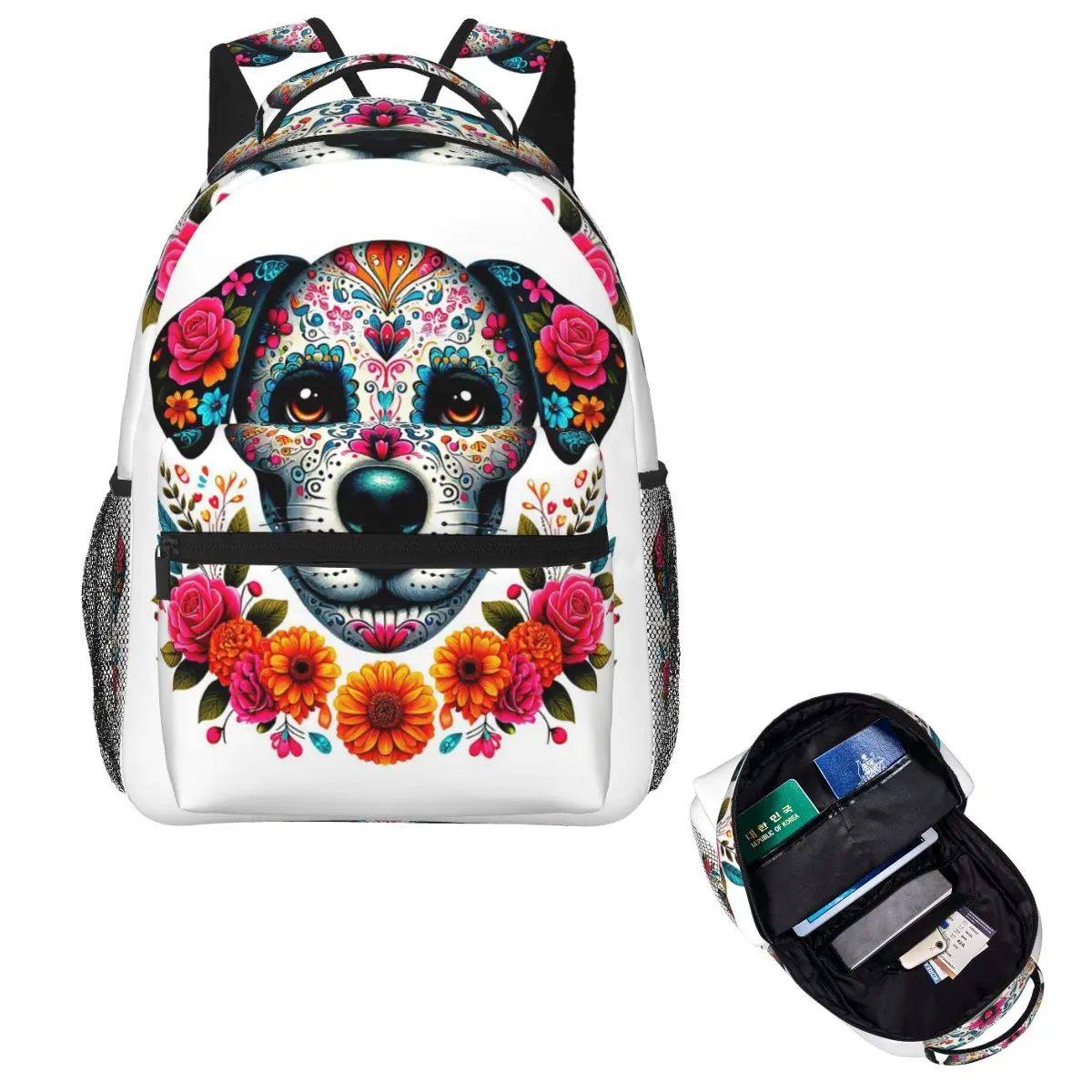 

Decorative Dog Sugar Skull Day Of The Dead Inspired Pet Portrait Backpack School Bag Daypack Fashion Bookbag Shoulder Bags