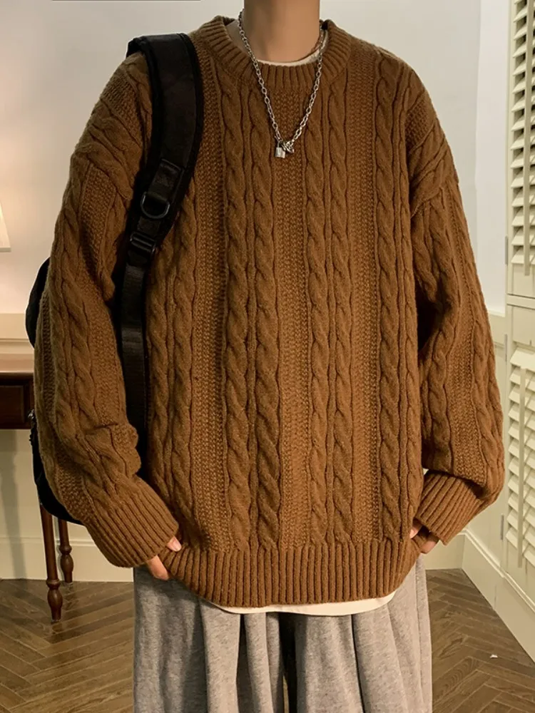 

American Retro Twisted Sweater Men's Spring Autumn Comfortable Knitted Loose round Ne Yarn Boys Casual Faion Knitwear