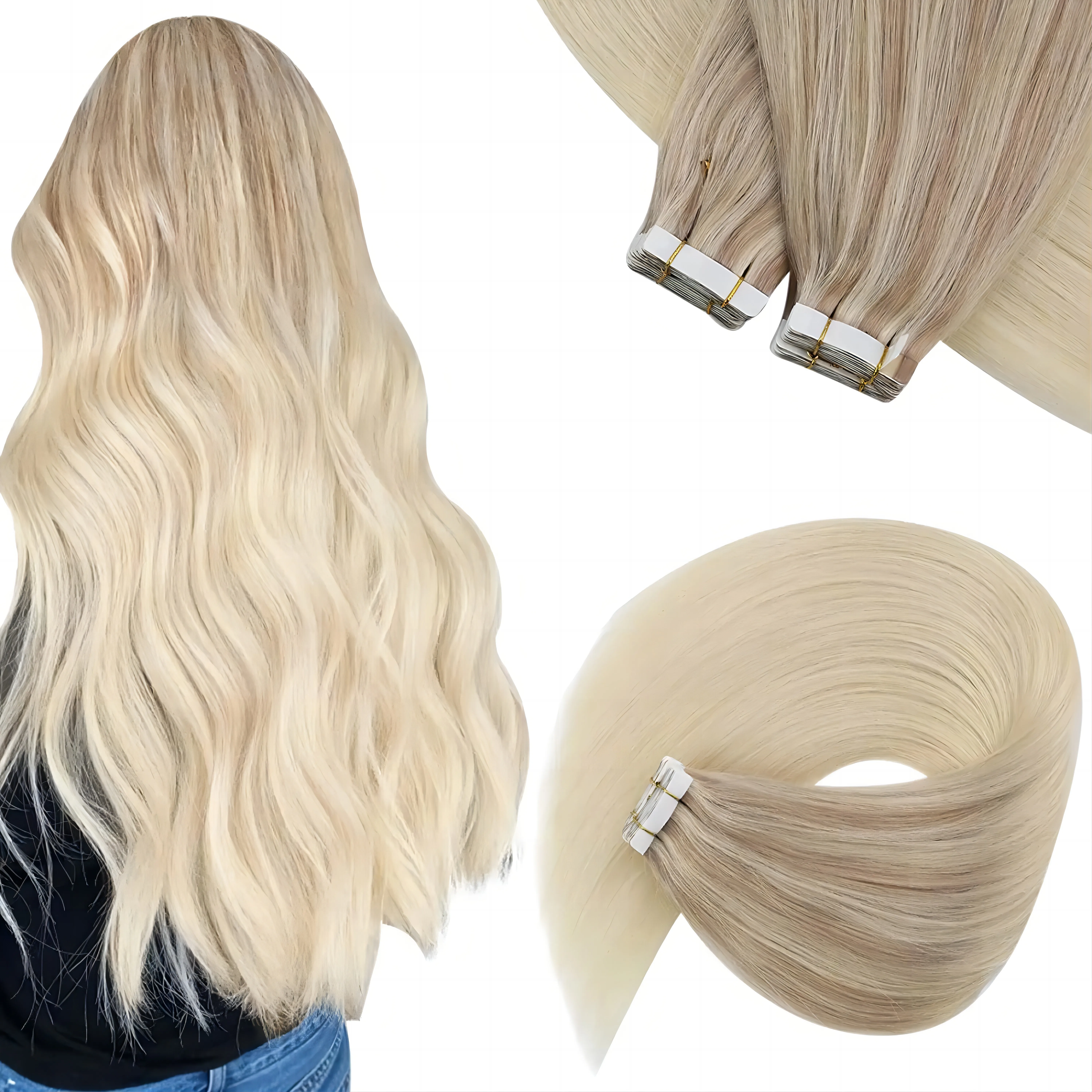 VeSunny Tape in Hair Extensions Adhesive Real Human Hair Blonde Skin Weft Brown Machine Remy Glue on Hair 50g #Nordic Gloden