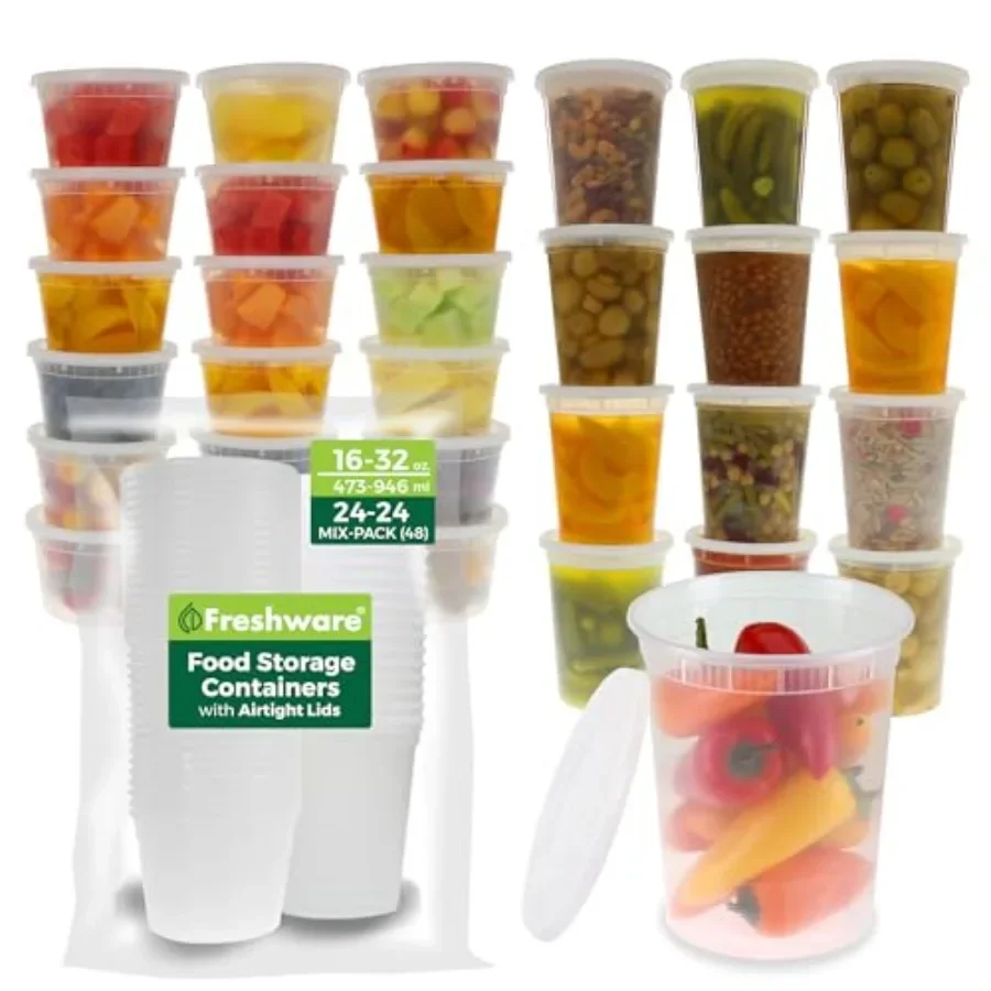 Paquete de 48 recipientes para almacenar alimentos de 16 y 32 onzas, 24 juegos de cada tamaño, con tapas, recipientes de plástico para deli, recipientes para preparar comidas, Mi