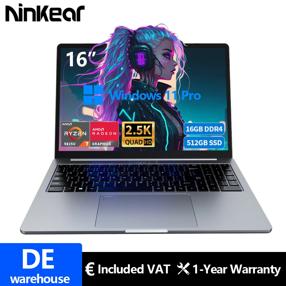 Ninkear A15 Pro Laptop 16 IPS 2.5K FHD AMD Ryzen5 5500U Notebook 16G DDR4 3200Mhz + 512GB 54Wh Batteria Windows11 PRO Computer