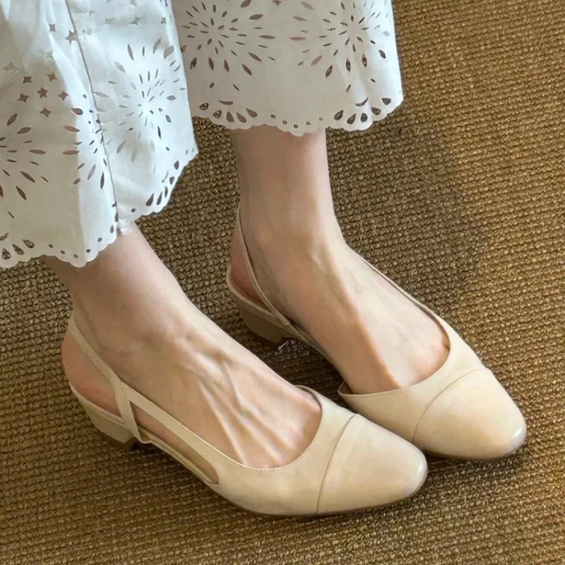 Women's Slingback Pumps Almond Toe Low Block Heel Side Cutout Cap Toe Detail Slip-On Smooth Finish Casual Shoes Vintage Style view 3