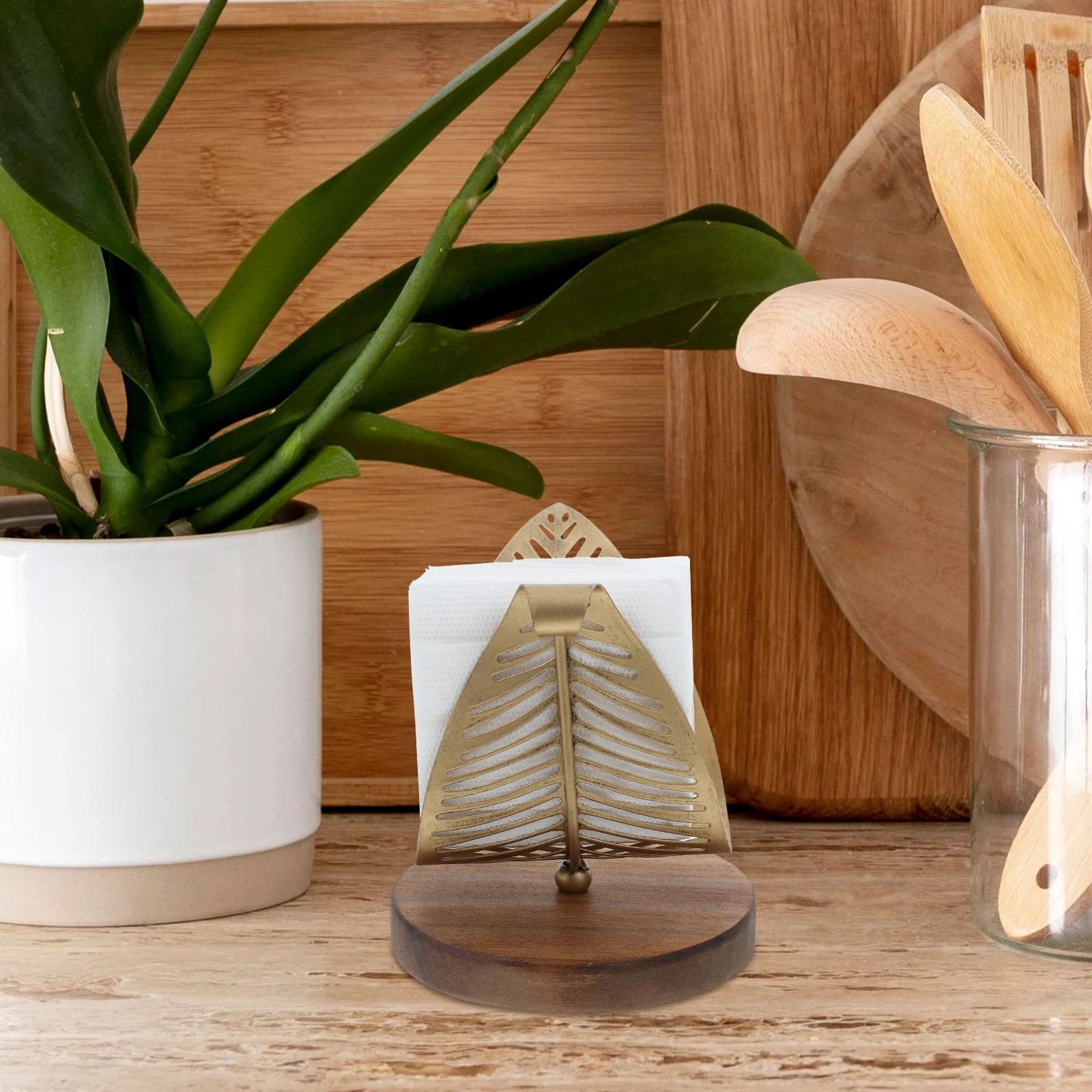 

Metal Napkin Holder Paper Towel Rack Farmhouse Kitchen Bathroom Accessories Gold Leaf Design Easy Clean Practical Storage