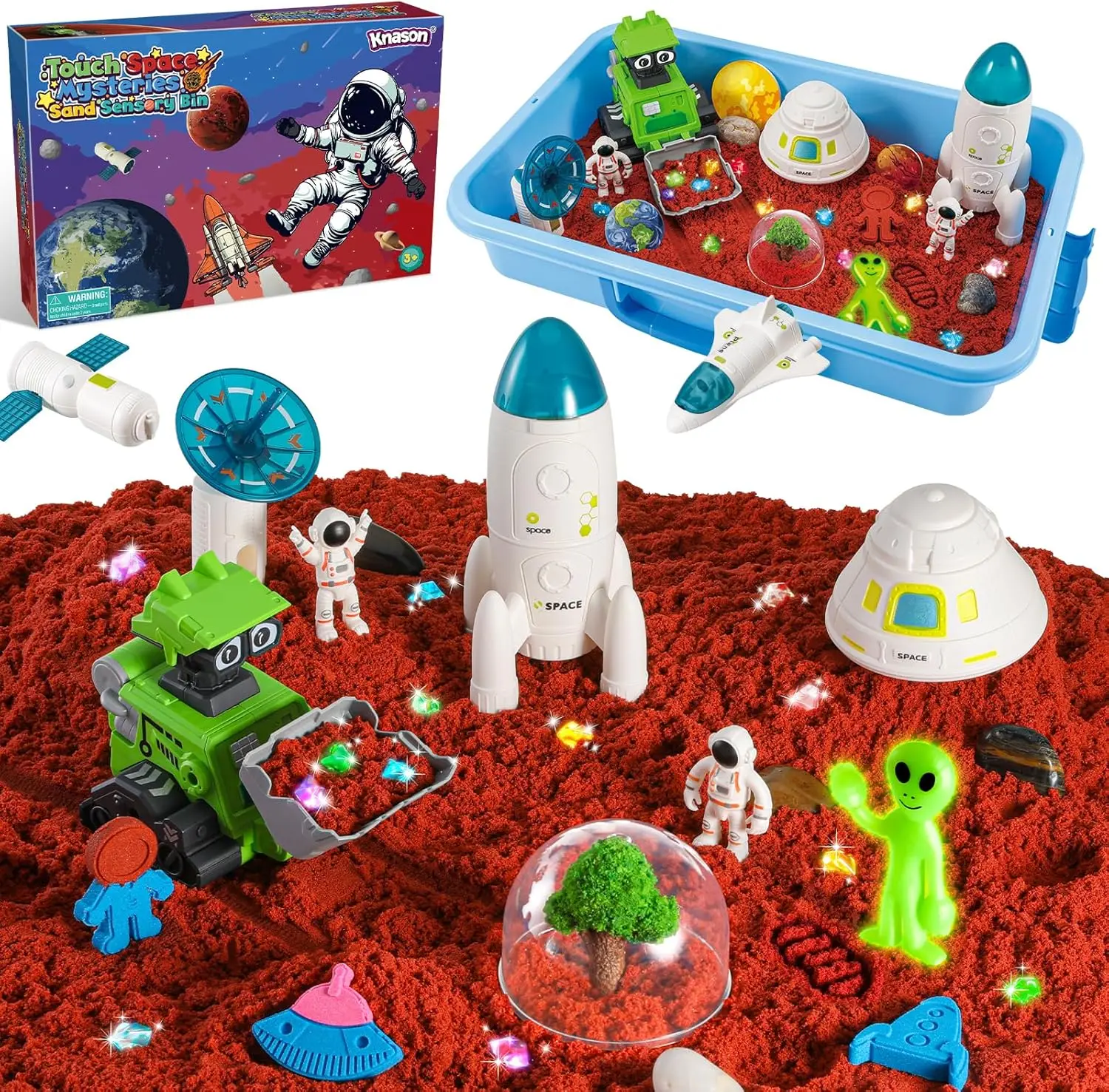 

Outer Space Sensory Bin with Glow-in-the-Dark Alien & Gems, Play Sand Kit for Kids Ages 3-8, Science Toy Gift