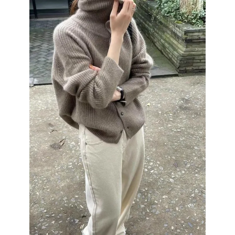 Cardigan lavorato a maglia monopetto tinta unita per donna Primavera e autunno Nuovo maglione versatile a maniche lunghe a collo alto