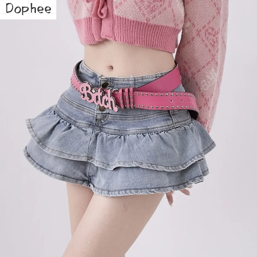 

Dophee High Waist Ruffles Short Skirts Women New Spring Summer Preppy Style Spice Girls A-line Denim Ball Gown Skirts leg warmer