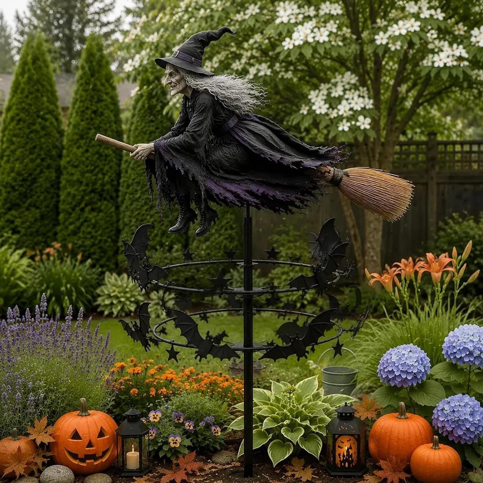 Iron The Enchanted Witch Garden Wind Spinner Halloween Lawn Ornament for Gardens Patio Pathway Fall Decorations