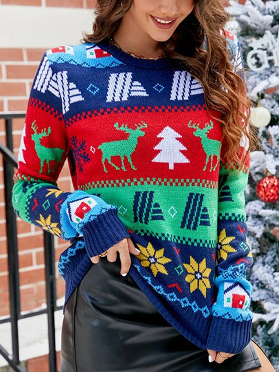 Shunvnny Women s Christmas Sweater Geometric Pattern Long Sleeve Round Neck Knitted Jumper Holiday Party Pullover