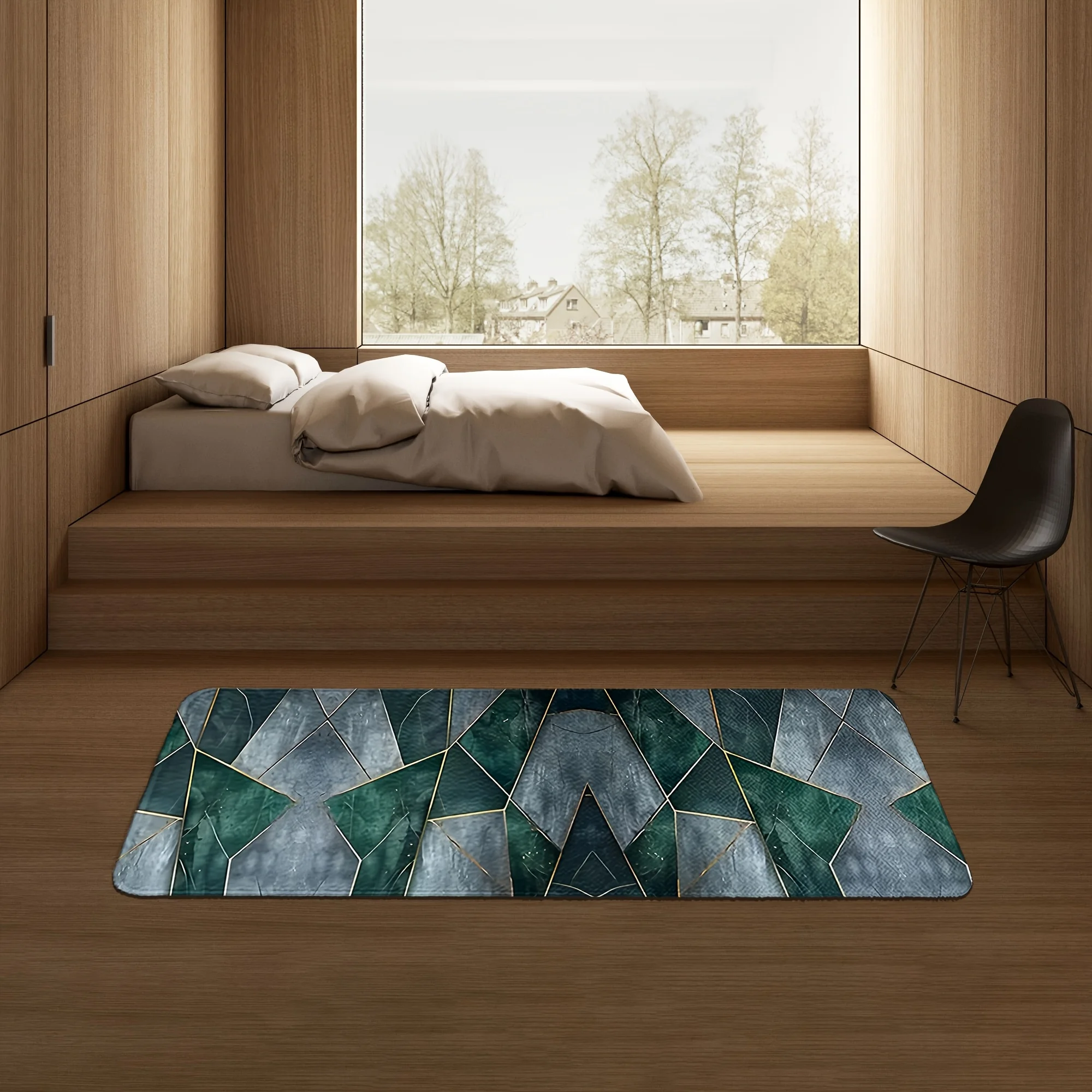 Emerald Green Marble Geometric Gold Line Print Floor Runner Non-Slip Decorative Bedroom Rug for Modern Home Hallway Decoration