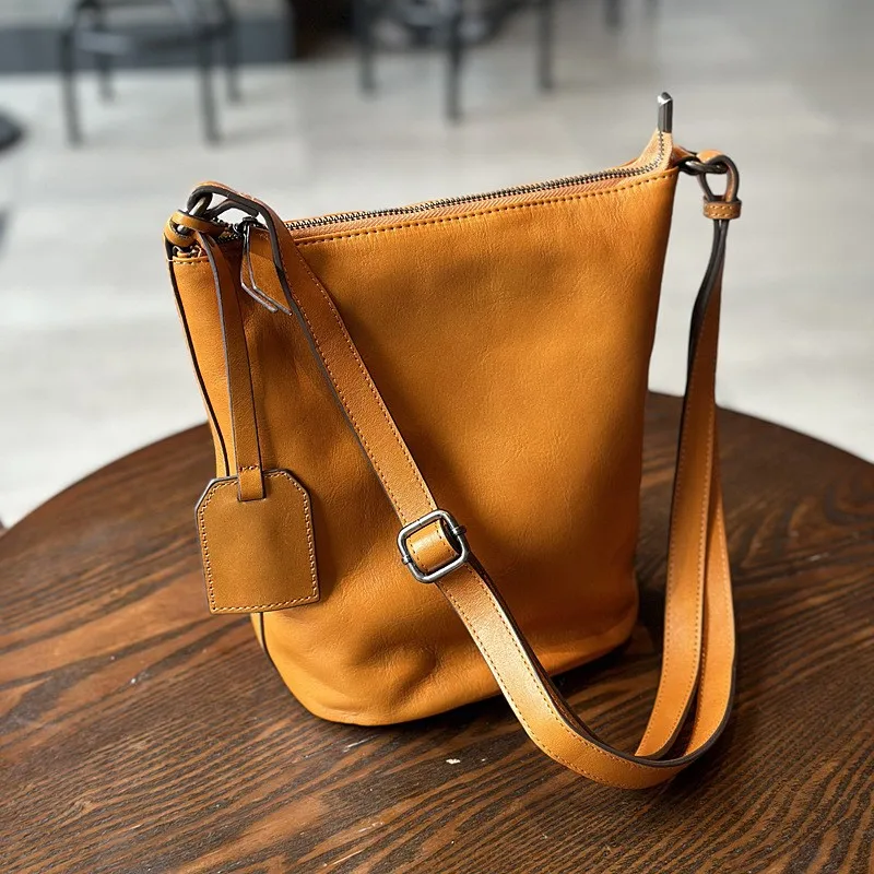 Johnature 2024 New Simple Genuine Leather Women Shoulder & Crossbody Bags Natural Real Cowhide Large Capacity Casual Bucket Bag