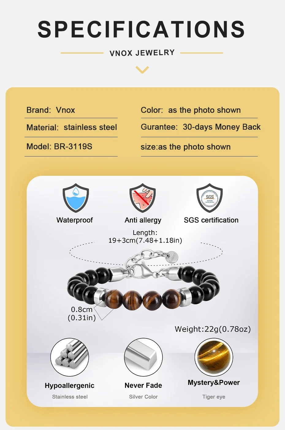 Vnox Tigerauge-Stein Perlenarmband für Männer, Edelstahl-Abstandhalter 8mm Perlen Verstellbares 19-22cm Armband Trendiger Schmuck Geschenk – Detail 4