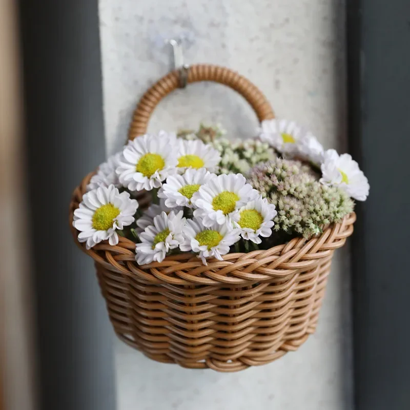 Cesta de almacenamiento de plástico colgante para flores, plantas, maceta, cesta tejida a mano con asa para cocina, organizador, decoración de la