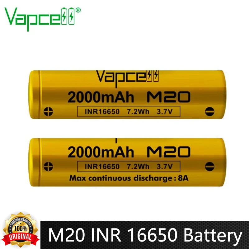 Original Vapcell M20 INR 16650 Battery 2000mAh 8A 3.7V Rechargeable Li ion Battery Lithium Batteries For Flashlight Power Tools