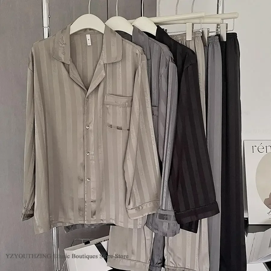 Male 2PCS Pajamas Set Spring Autumn New Silk Satin Sleepwear LoungeWear Long Sleeve Trouser Suits Nightwear Loose Satin Homewear