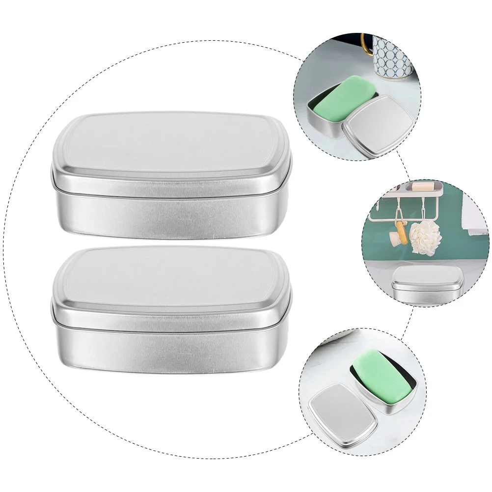 2 Pcs Aluminum Soap Dish Travel Container Tins Sink Box Sturdy Bamboo Holder Case Bar