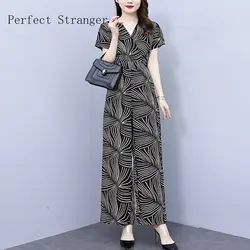 2024 Summer Women Casual Short Sleeve V-Neck Jumpsuits Ladies Printed Bodysuit Loose Long Pencil Side Slit Pants Women Jumpsuit