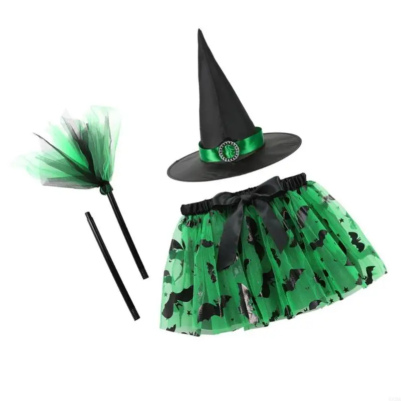 Kids Role Play Witch Costume Set, Layered Skirt with Hat and Broom Prop for Halloween Parties and School Shows 6XDA