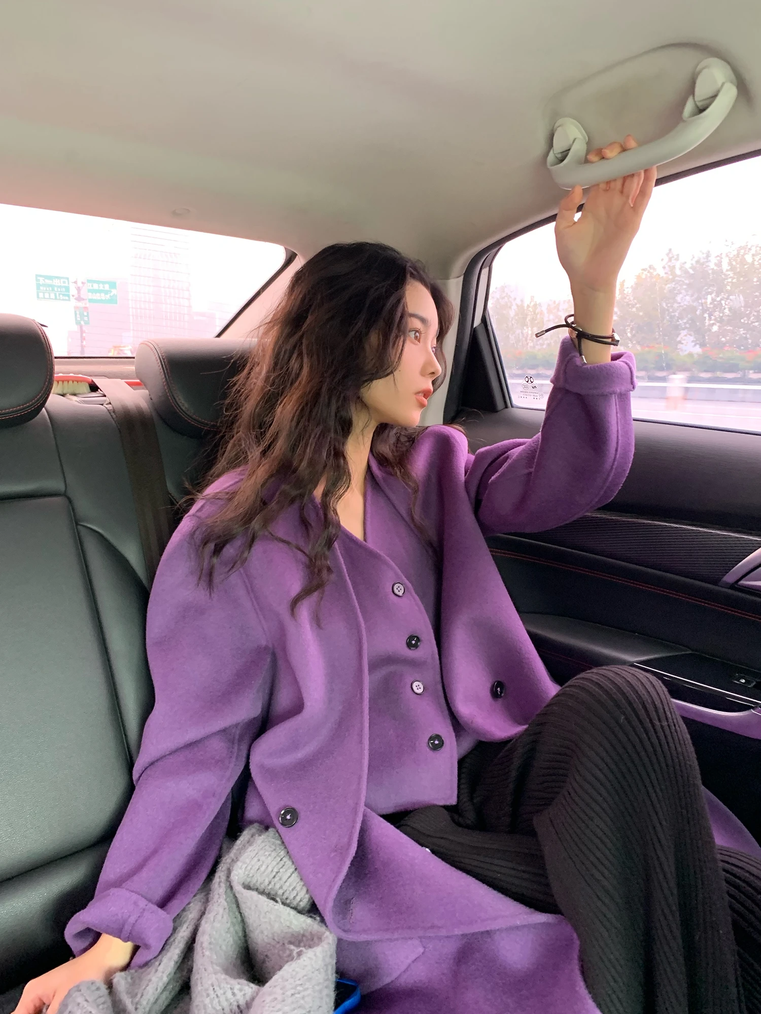 

Iceollo Purple Long Double-Faced Woolen Camere Coat Women's Autumn Winter Thiened Small Size Woolen Coat Straight Leg pe