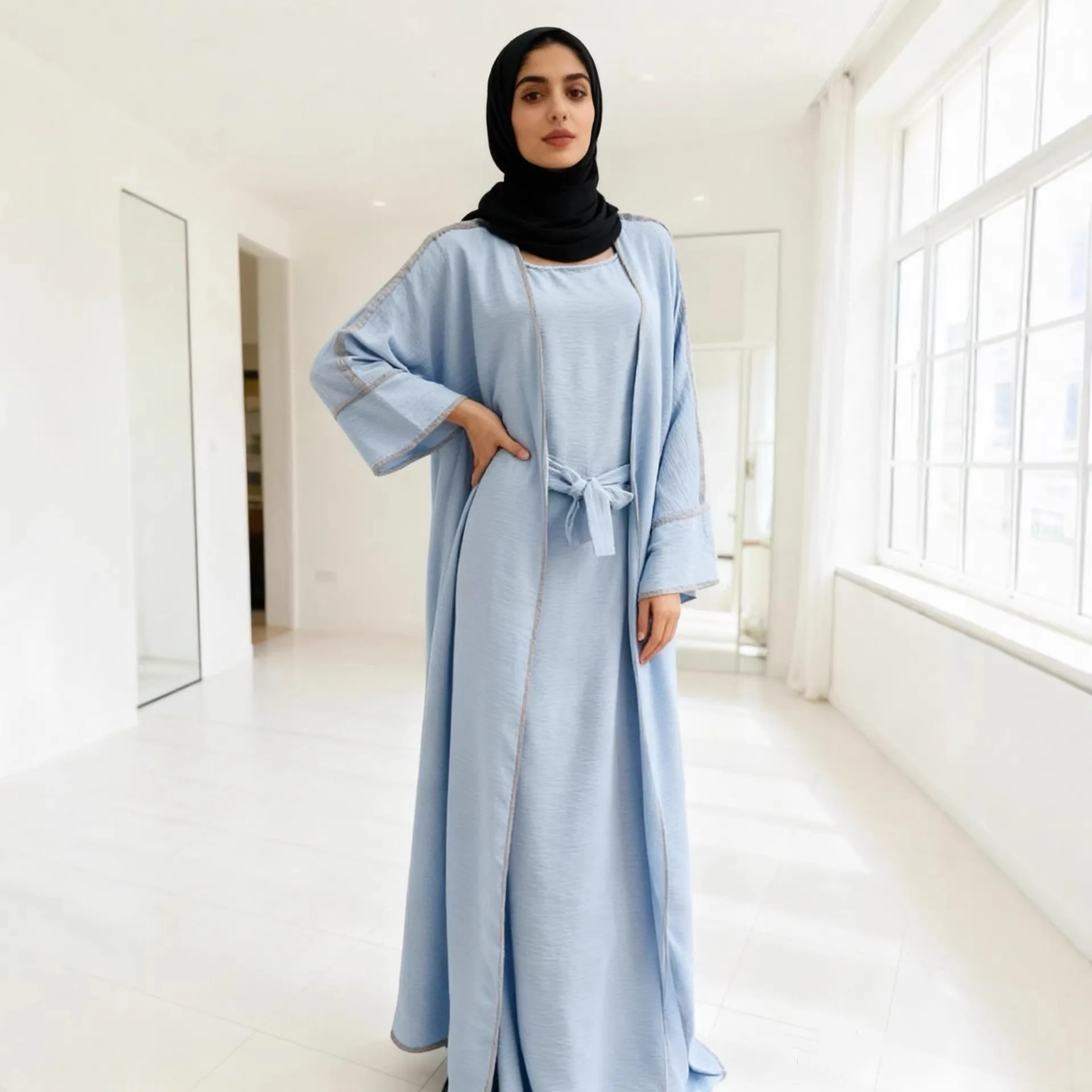 

Ramadan Eid Prayer Open Kimono Abaya 2 Piece Set Inner Dress Women Long Sleeve Abayas Scarf Kaftan Djellaba Dubai Party Vestidos
