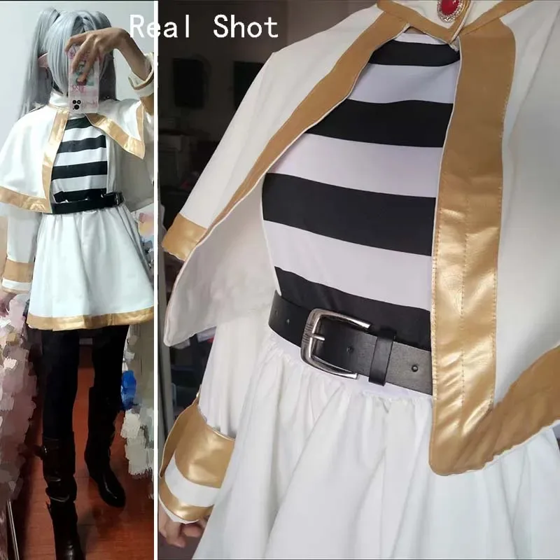Anime Cosplay Elf Dress Frieren Cosplay Costume Full Set White Cape Skirt Uniform with Pantyhose Ears for Halloween Party