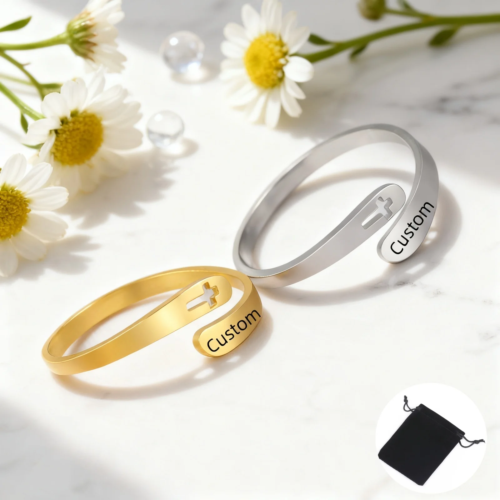 Personalized Stainless Steel Hollow Cross Open Ring