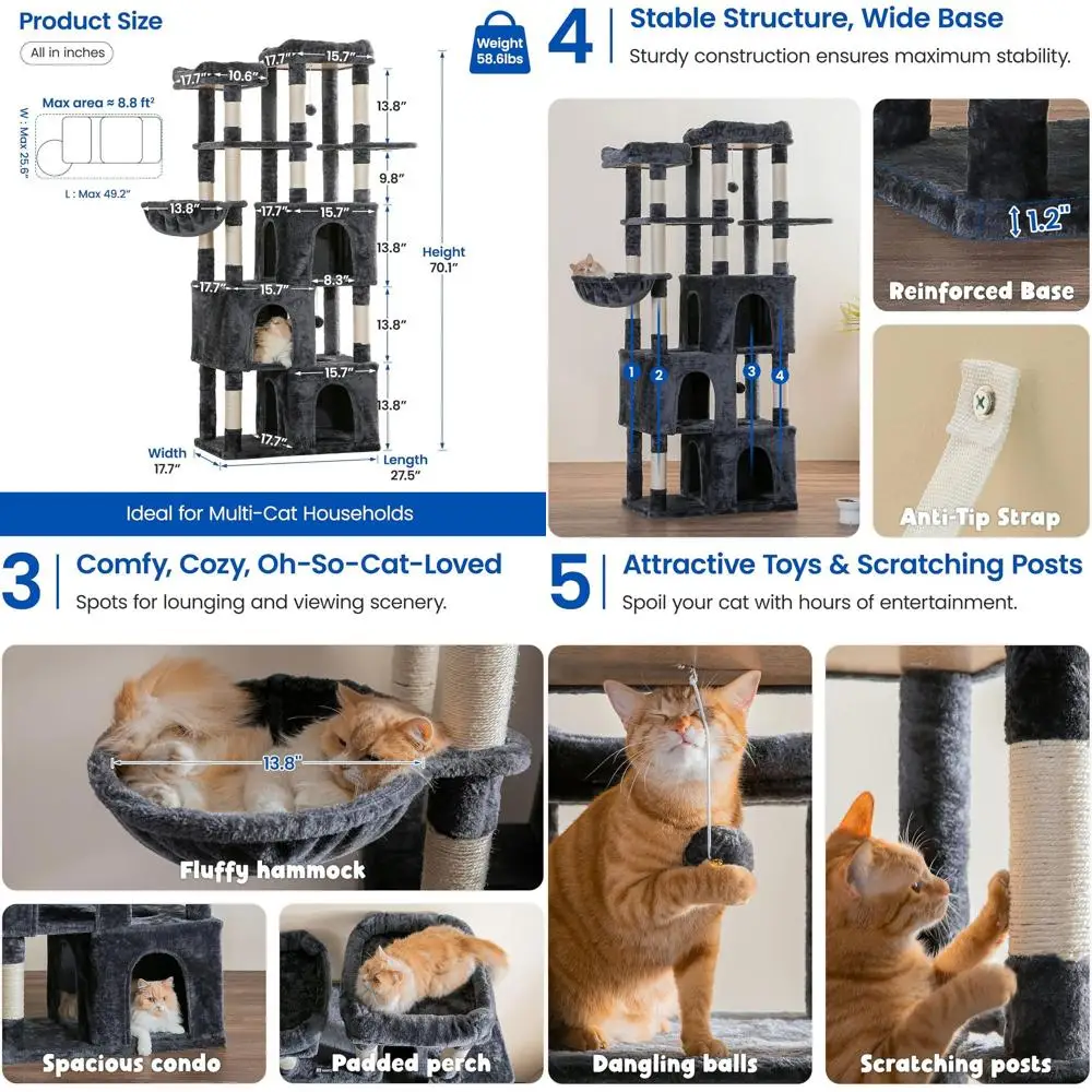 

Многоуровневая кошачья башня высотой 70,1 дюйма с 3 кондиционерами, когтеточками, мягкими жерновами, гамаком и игрушками дымчато-серого цвета.