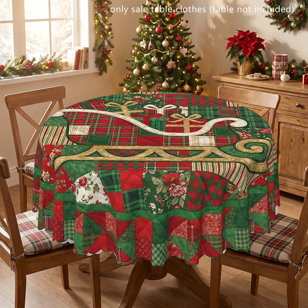Round Christmas sleigh with gift print tablecloth