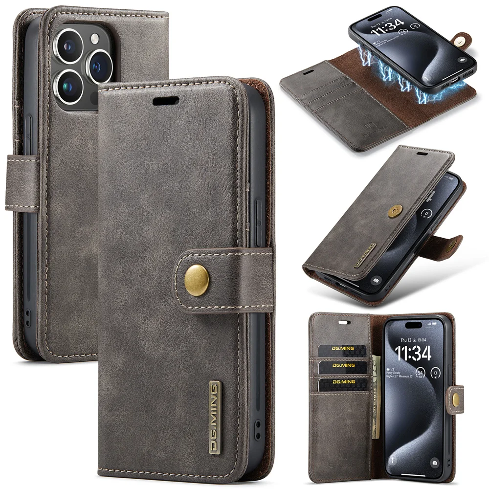 DG.MING-Luxury Detachable Wallet Case for iPhone, 15 Pro Max, 16, 6S, 7G, 8 XR, XS Max, 11 Pro, 12, 13 Mini, 14 Plus, Magnetic L