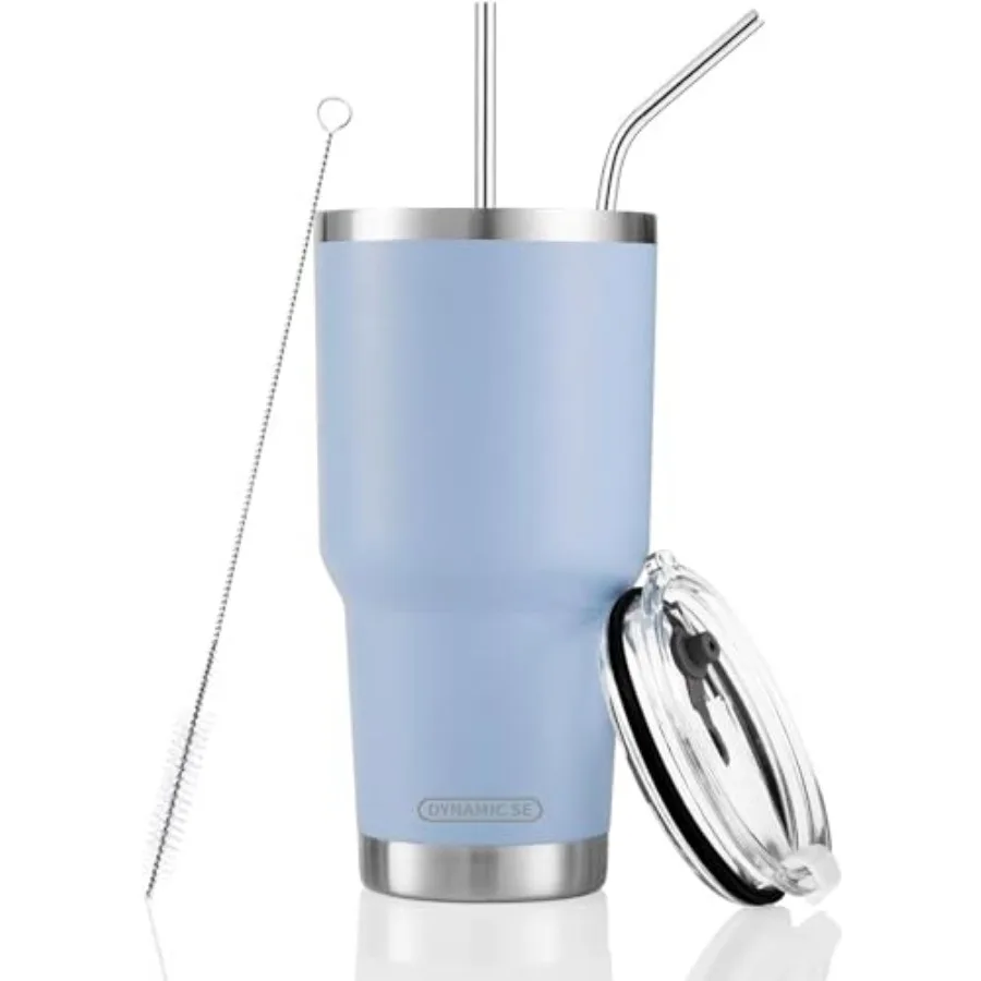 

30oz Blue Tumbler Stainless Steel Double Wall Vacuum Insulated Mug with Straw and Lid, Cleaning Brush for Cold and Hot Beverage